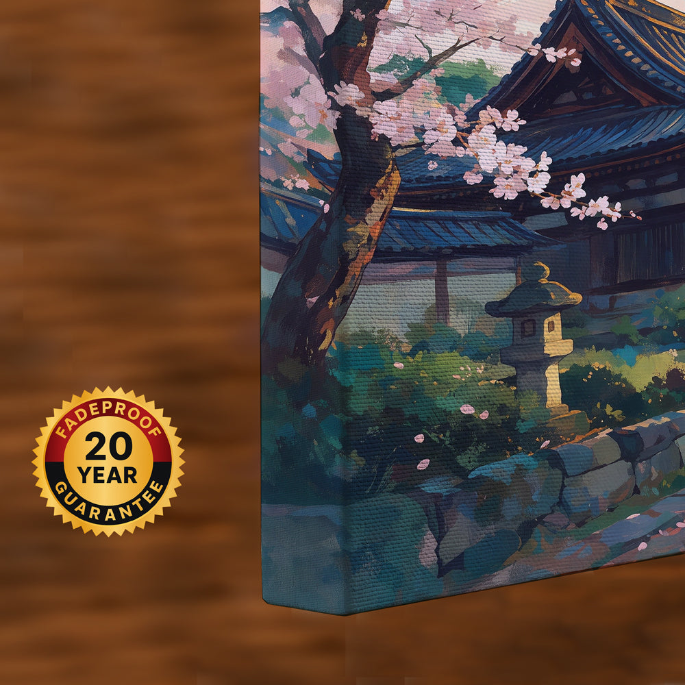 Contemporary Japanese landscape canvas featuring cherry blossoms, traditional temple architecture, stone pathway, and Tokyo skyline