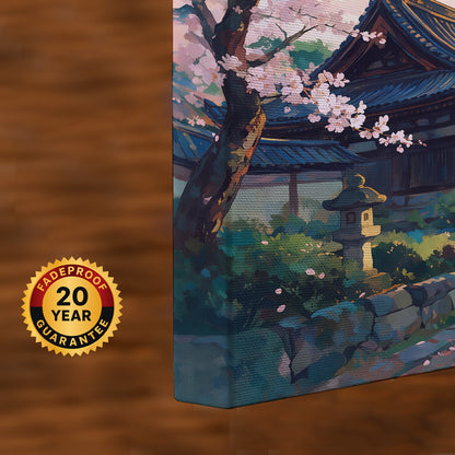 Contemporary Japanese landscape canvas featuring cherry blossoms, traditional temple architecture, stone pathway, and Tokyo skyline