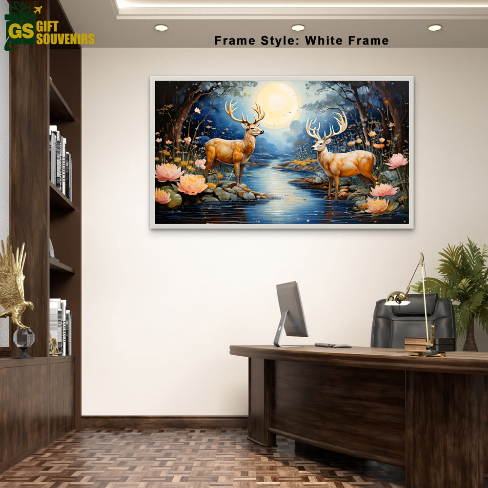 Celestial Harmony – Vaastu-Inspired Deer & Moonlight Canvas Wall Art