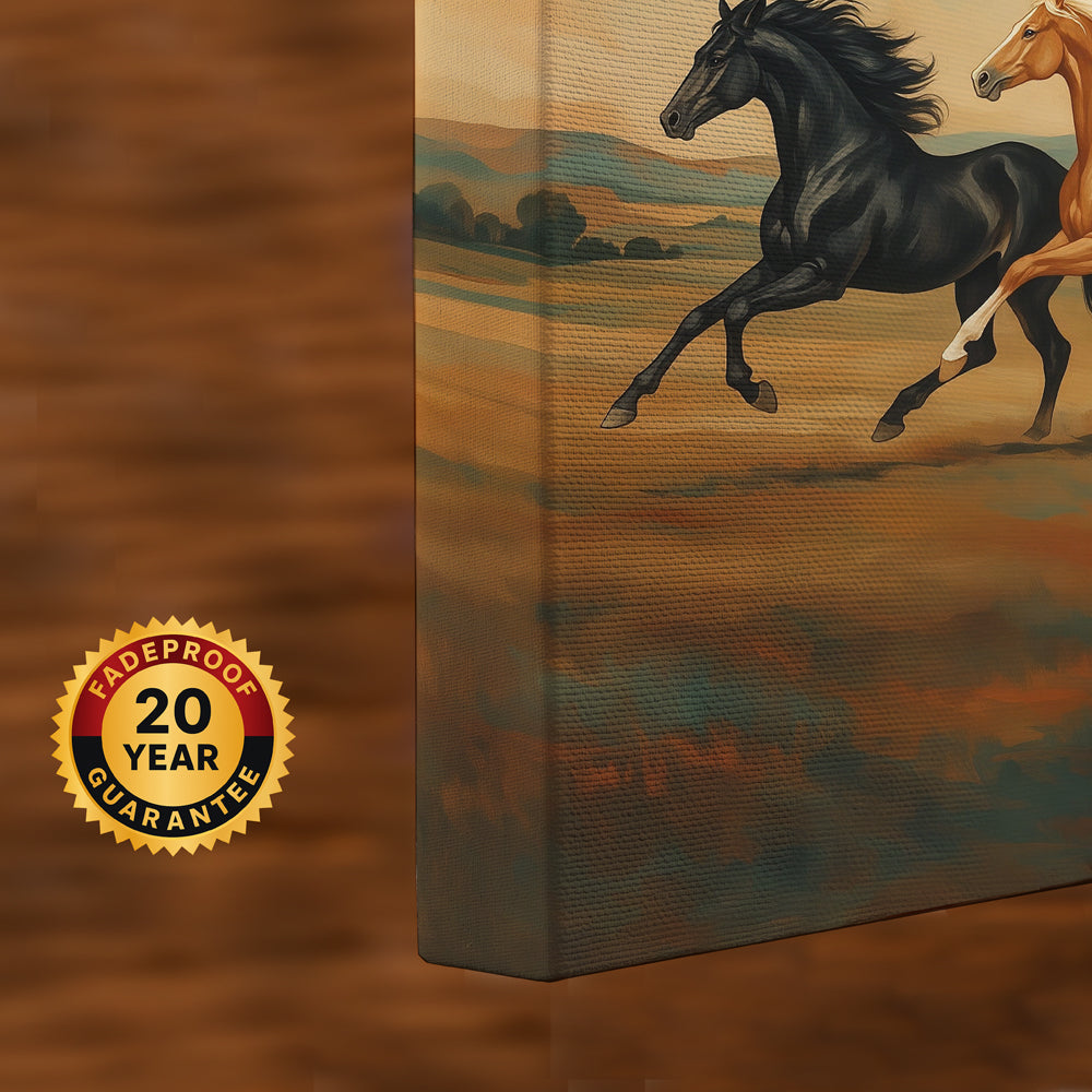 Seven horses of prosperity canvas artwork showing a unified herd charging forward beneath a dramatic open sky