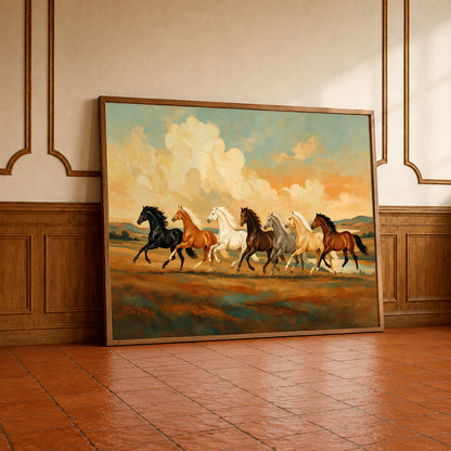 Seven horses moving together as one in a dramatic prosperity-themed canvas artwork for home and office décor