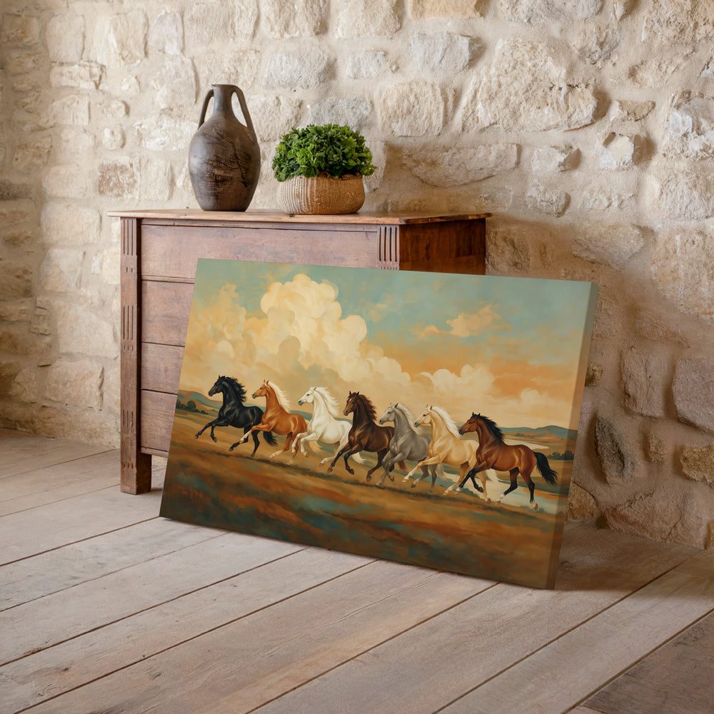 Dramatic seven horses artwork symbolizing forward movement, unity, ambition, success, and prosperity