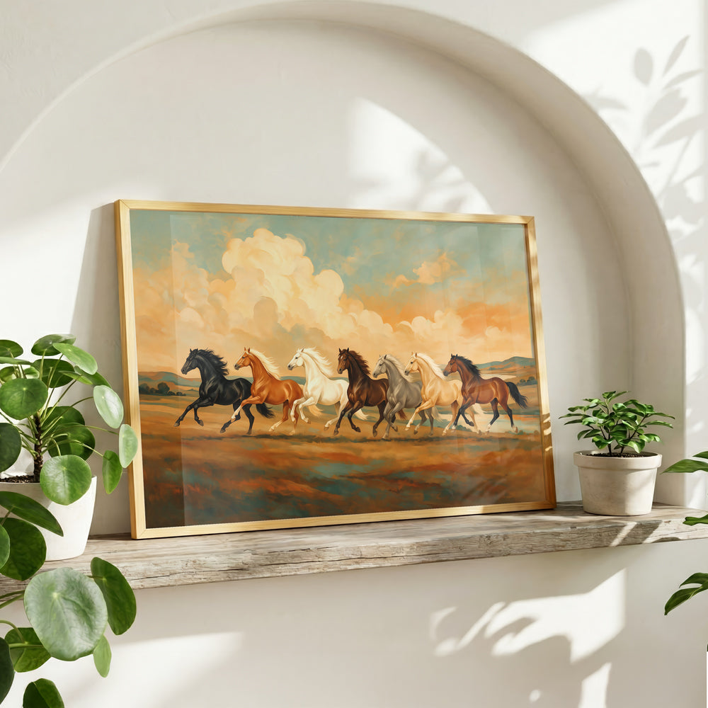Vaastu-inspired wall art featuring seven powerful horses galloping together across an open golden landscape