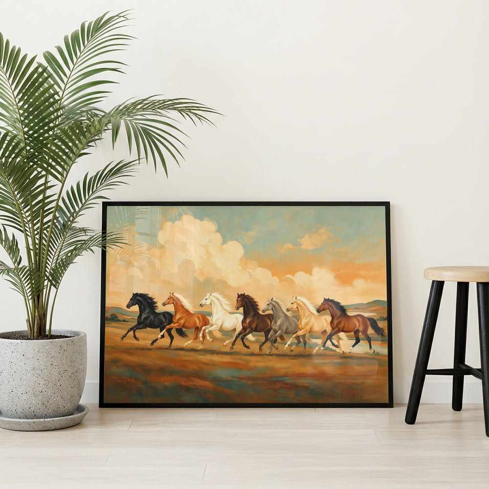 Vaastu horse canvas wall art showing seven united horses running toward the horizon beneath a luminous sky