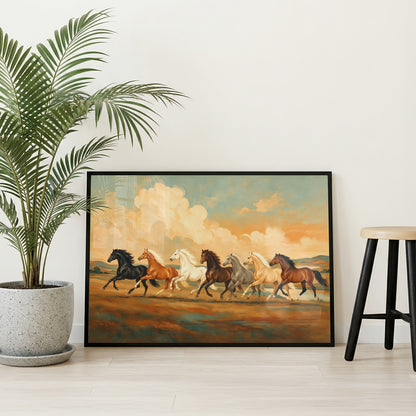 Vaastu horse canvas wall art showing seven united horses running toward the horizon beneath a luminous sky