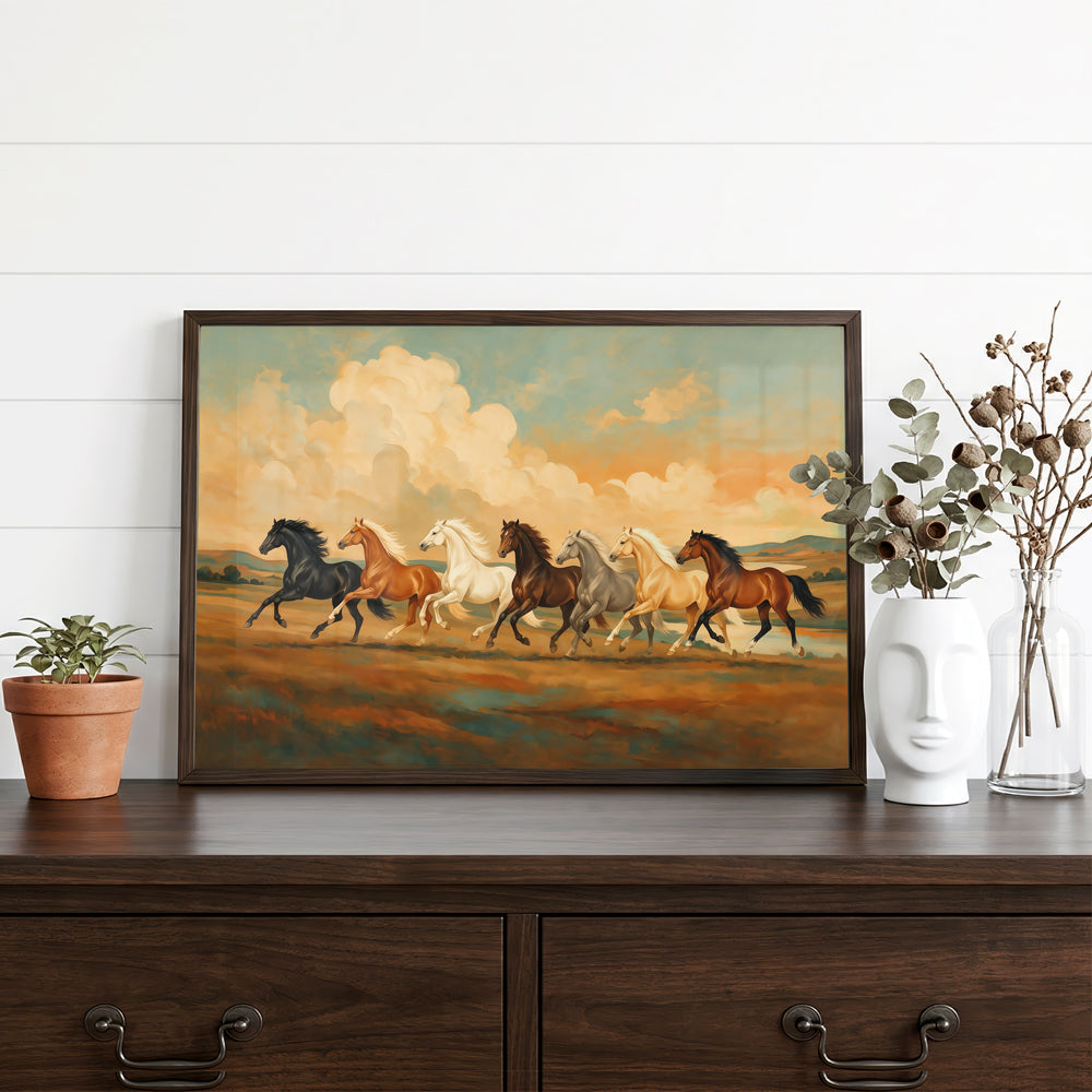 Museum Grade Canvas Wall Art featuring seven horses galloping together as a powerful symbol of progress and collective strength