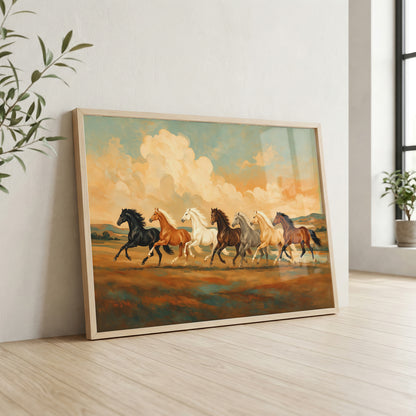 Seven running horses canvas wall art symbolizing unity, progress, strength, and prosperity in Vaastu-inspired décor