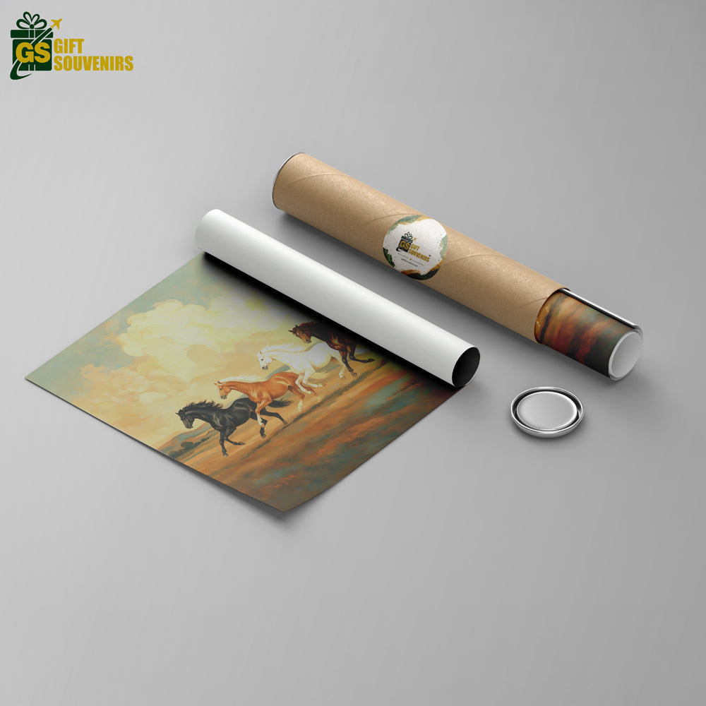 Contemporary Vaastu wall art depicting seven running horses united in motion across a warm countryside landscape