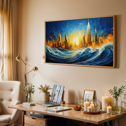 Urban Tide – Where Waves Meet the Skyline Canvas Wall Art
