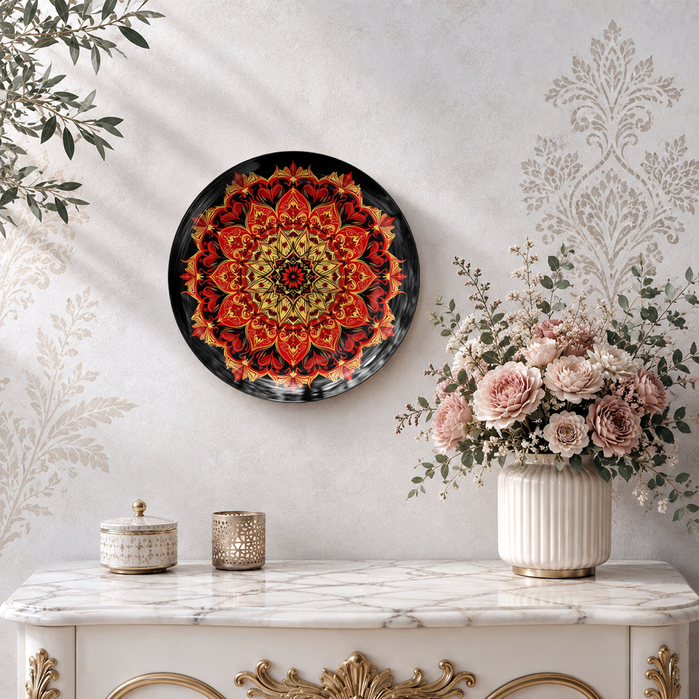 Mandala ceramic wall plate featuring symmetrical geometric and floral Indian decorative motifs