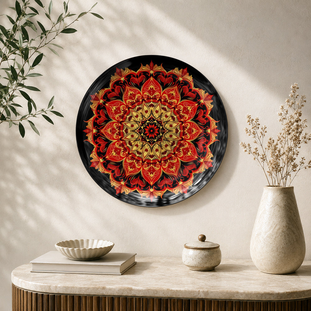 Mandala Mosaic Indian heritage ceramic wall plate featuring intricate crimson and golden mandala artwork