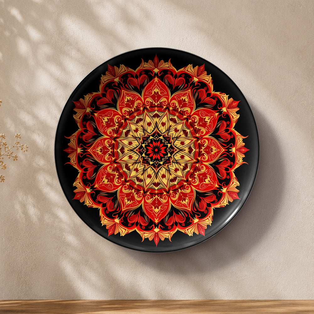 Indian heritage mandala ceramic wall plate souvenir with detailed red, gold and black patterns