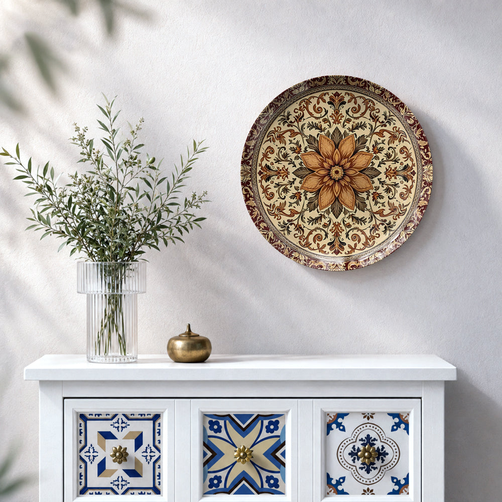 Ornate mandala ceramic wall plate featuring a layered floral centre and symmetrical decorative motifs