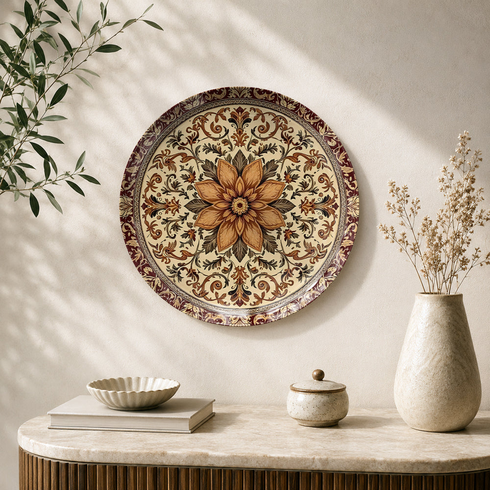 The Ornate Mandala ceramic wall plate featuring intricate floral and geometric mandala artwork