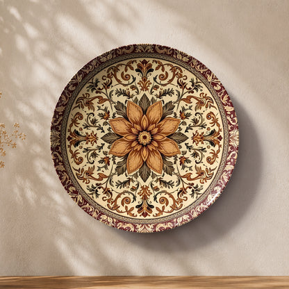 Mandala ceramic wall plate souvenir with detailed gold, orange, red and brown ornamental patterns