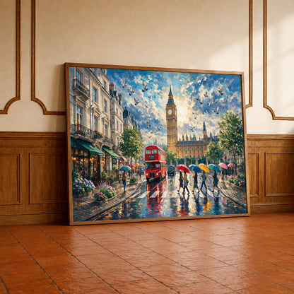 Museum Grade Canvas Wall Art depicting a vibrant London street with Big Ben, red bus, pedestrians, and colourful umbrellas