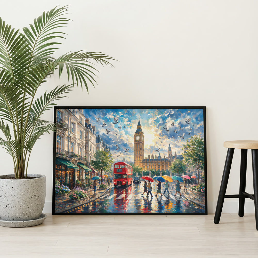 London cityscape artwork featuring a red double-decker bus, Big Ben, rainy pavement, flowers, and historic architecture