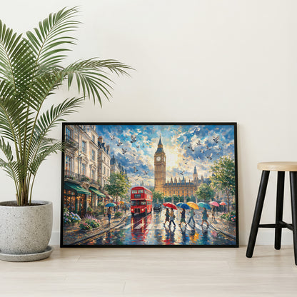 London cityscape artwork featuring a red double-decker bus, Big Ben, rainy pavement, flowers, and historic architecture