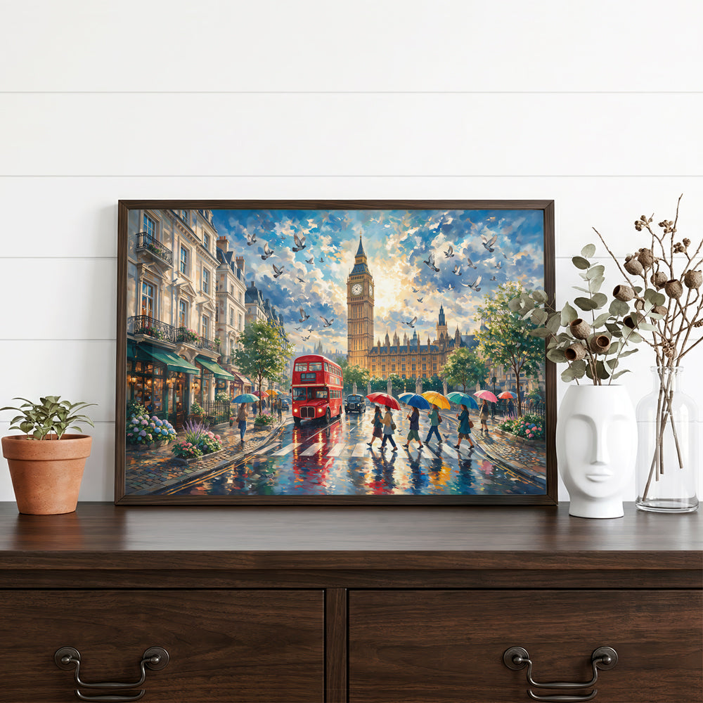 London travel-inspired canvas artwork featuring Big Ben, a classic red bus, bustling pedestrians, and a bright rain-washed sky