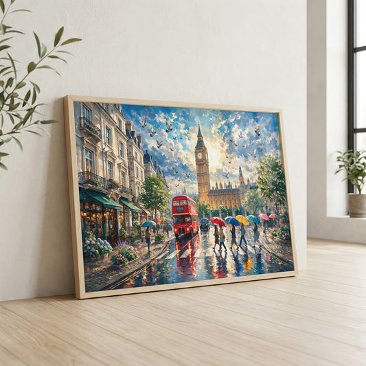 London rainy street canvas wall art featuring Big Ben, a red double-decker bus, colourful umbrellas, and wet street reflections
