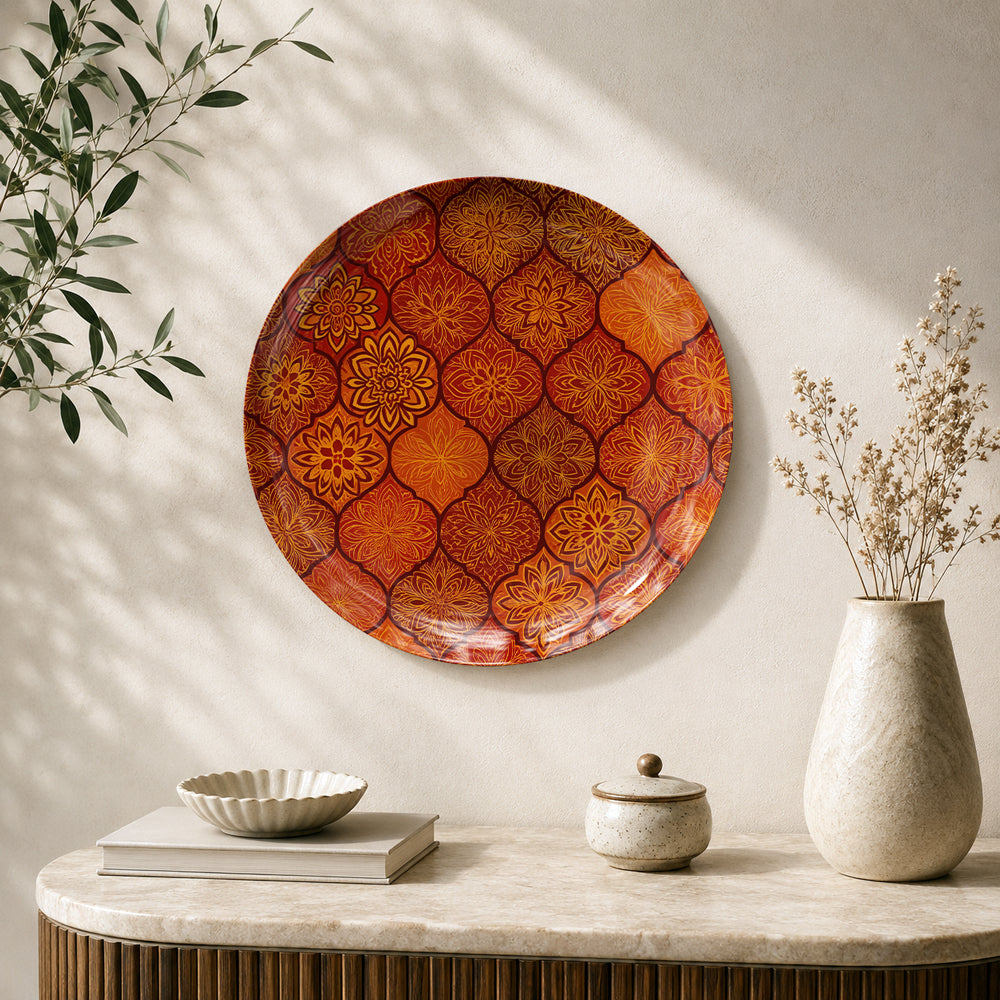 Floral Mosaic Indian heritage ceramic wall plate featuring intricate floral patterns and golden detailing
