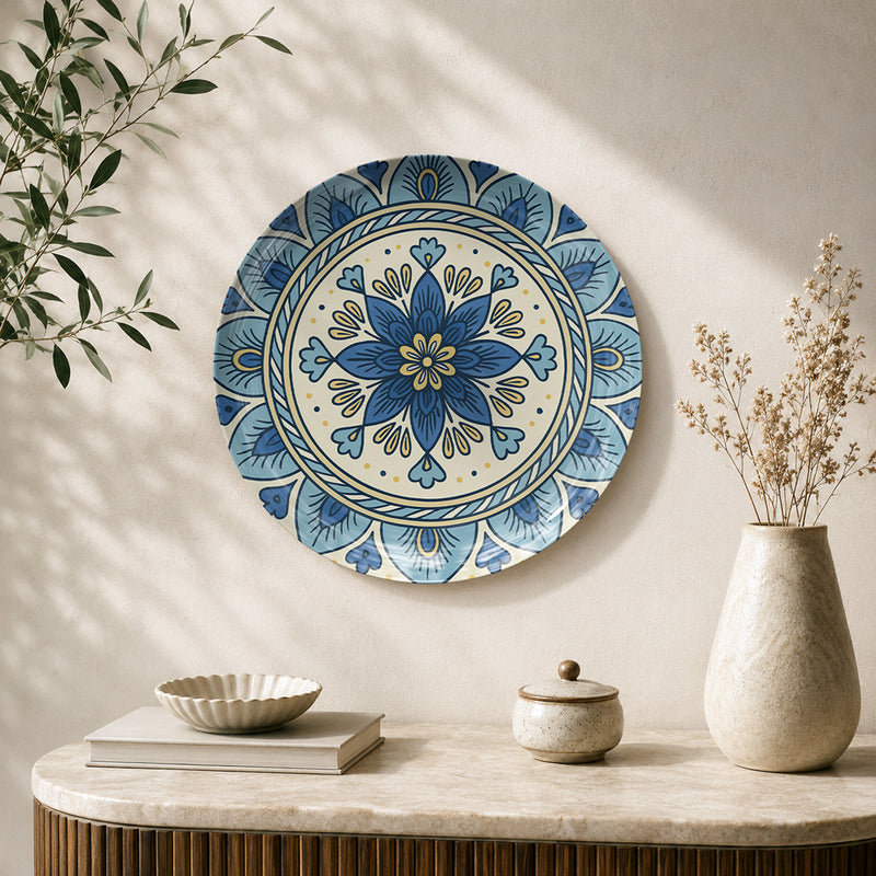 Indigo Garden floral mandala ceramic wall plate featuring intricate blue botanical patterns