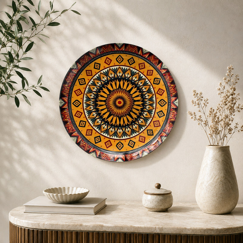 Stories in Symmetry Indian mandala ceramic wall plate featuring intricate geometric patterns