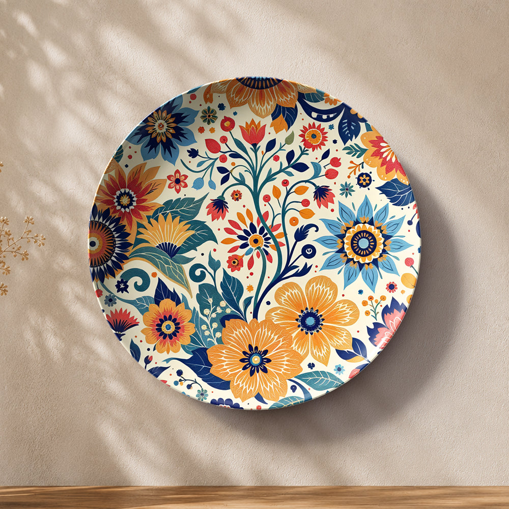Floral ceramic wall plate souvenir with orange, blue, red, green and saffron floral patterns