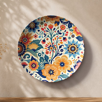 Floral ceramic wall plate souvenir with orange, blue, red, green and saffron floral patterns