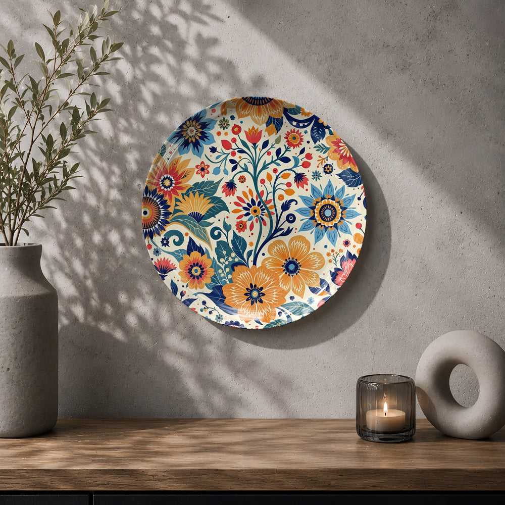 The Floral Tapestry ceramic wall plate featuring vibrant flowers and decorative botanical patterns