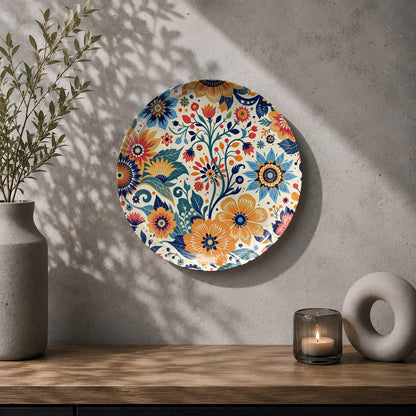 The Floral Tapestry ceramic wall plate featuring vibrant flowers and decorative botanical patterns