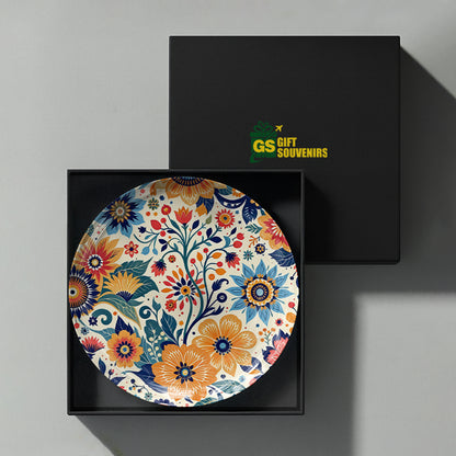 Premium floral ceramic wall plate featuring vibrant botanical motifs and sophisticated decorative details