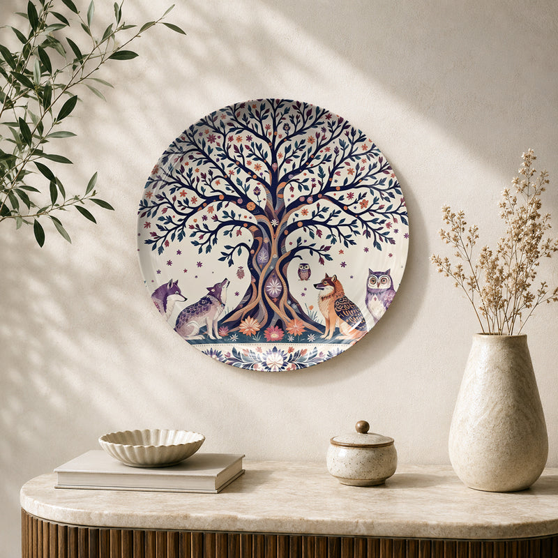 Forest Tales Tree of Life ceramic wall plate featuring woodland animals, birds and floral artwork