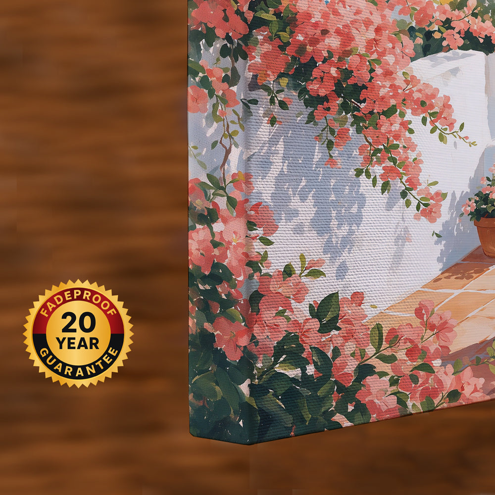 Luxury coastal canvas wall art depicting an Italian seaside view from a flower-filled terrace with lemons and lounge chairs