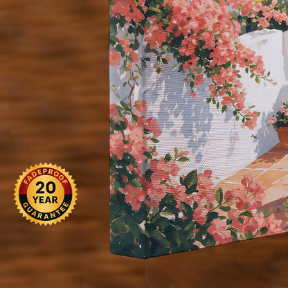 Luxury coastal canvas wall art depicting an Italian seaside view from a flower-filled terrace with lemons and lounge chairs