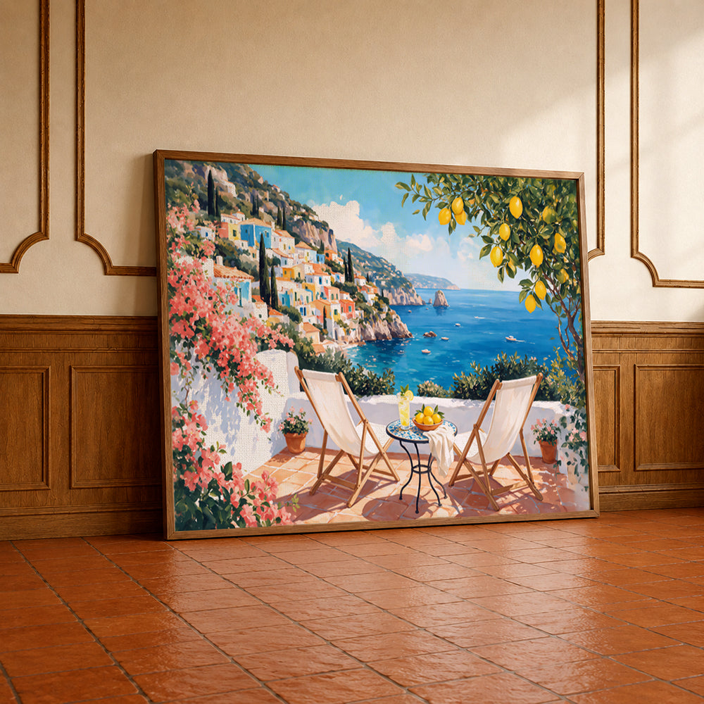 Museum Grade Canvas Wall Art depicting a peaceful Italian seaside terrace overlooking a vibrant Mediterranean coastline