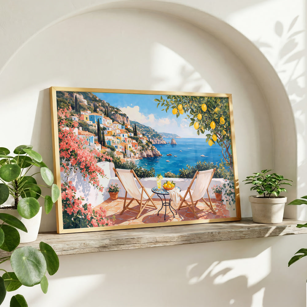 Italian coastal terrace with two chairs, a lemon tree, colourful hillside village, bougainvillea, and sparkling sea