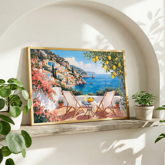 Italian coastal terrace with two chairs, a lemon tree, colourful hillside village, bougainvillea, and sparkling sea
