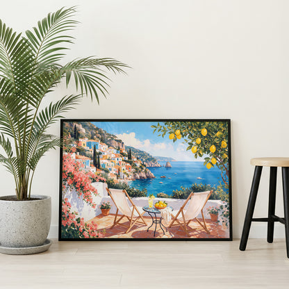 Amalfi-inspired wall art featuring a sunny terrace, fresh lemons, flowering bougainvillea, hillside homes, and blue ocean