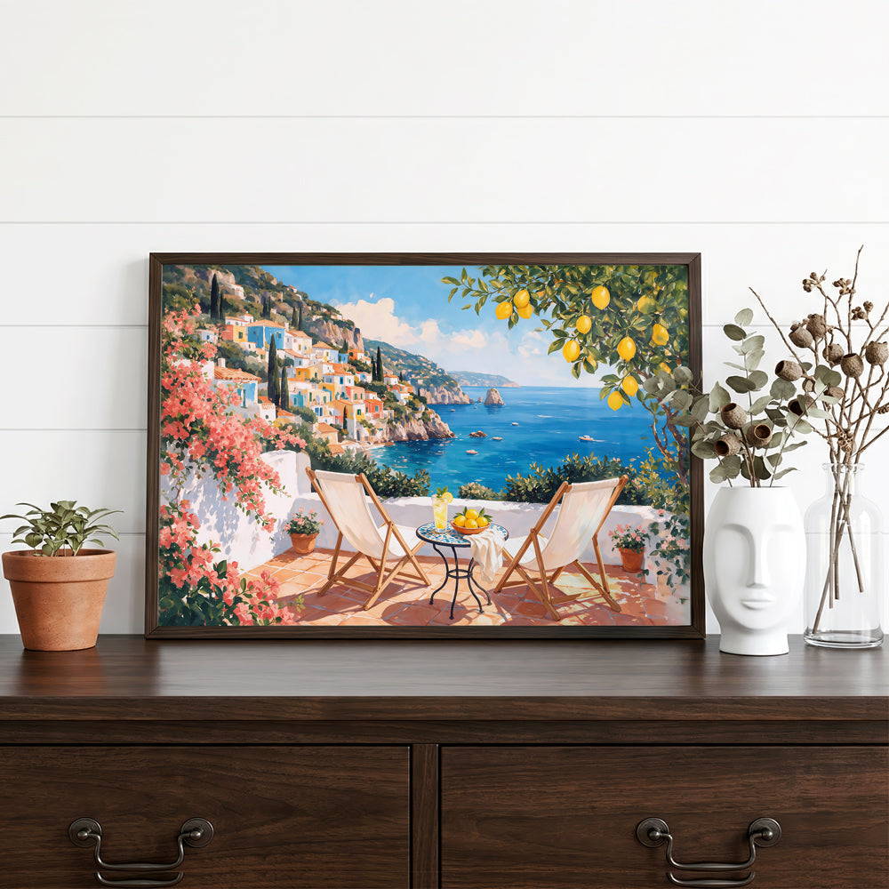 Italian travel-inspired canvas wall art featuring a lemon tree, terracotta terrace, colourful coastal houses, and turquoise sea