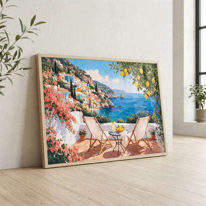 Amalfi Coast canvas wall art featuring a sunlit terrace with lounge chairs overlooking the blue Mediterranean Sea