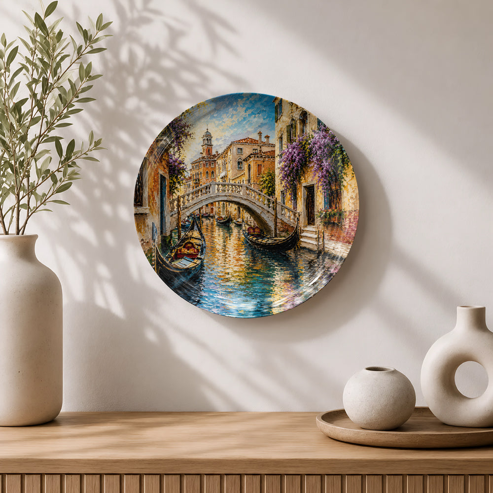 Canal Serenity ceramic wall plate featuring a picturesque Venice canal with gondolas and a stone bridge.