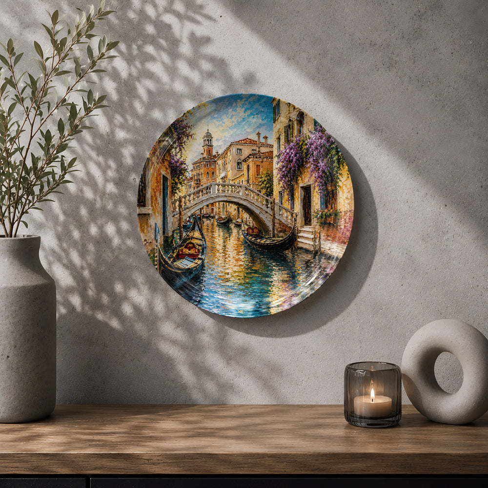 Venice-inspired ceramic wall plate featuring gondolas, canals, and blooming balconies.