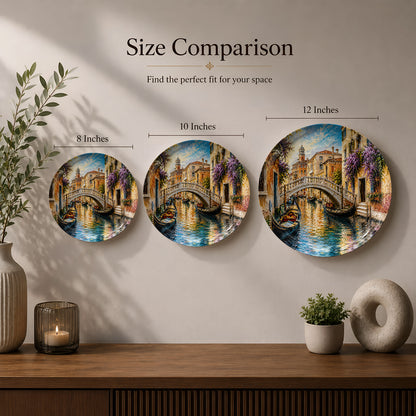 Decorative ceramic wall plate with artwork of a charming Venice canal and arched bridge.