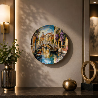 Glossy ceramic wall plate featuring a scenic Venetian waterway with gondolas and colourful architecture.