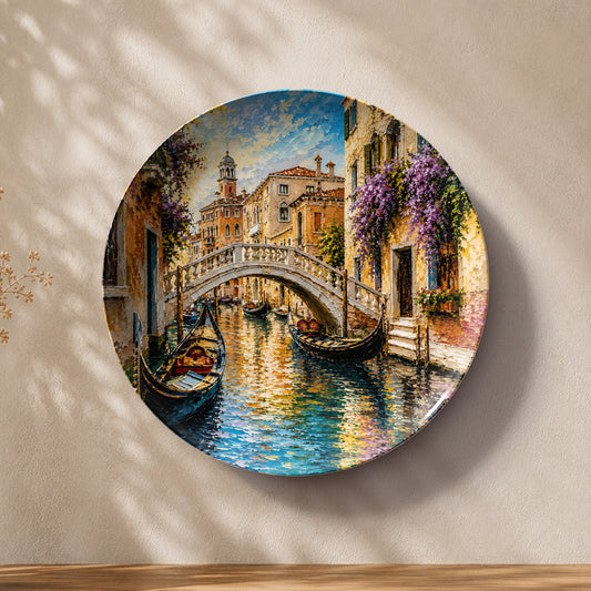Italian canal cityscape printed on a premium ceramic wall plate featuring Venice.