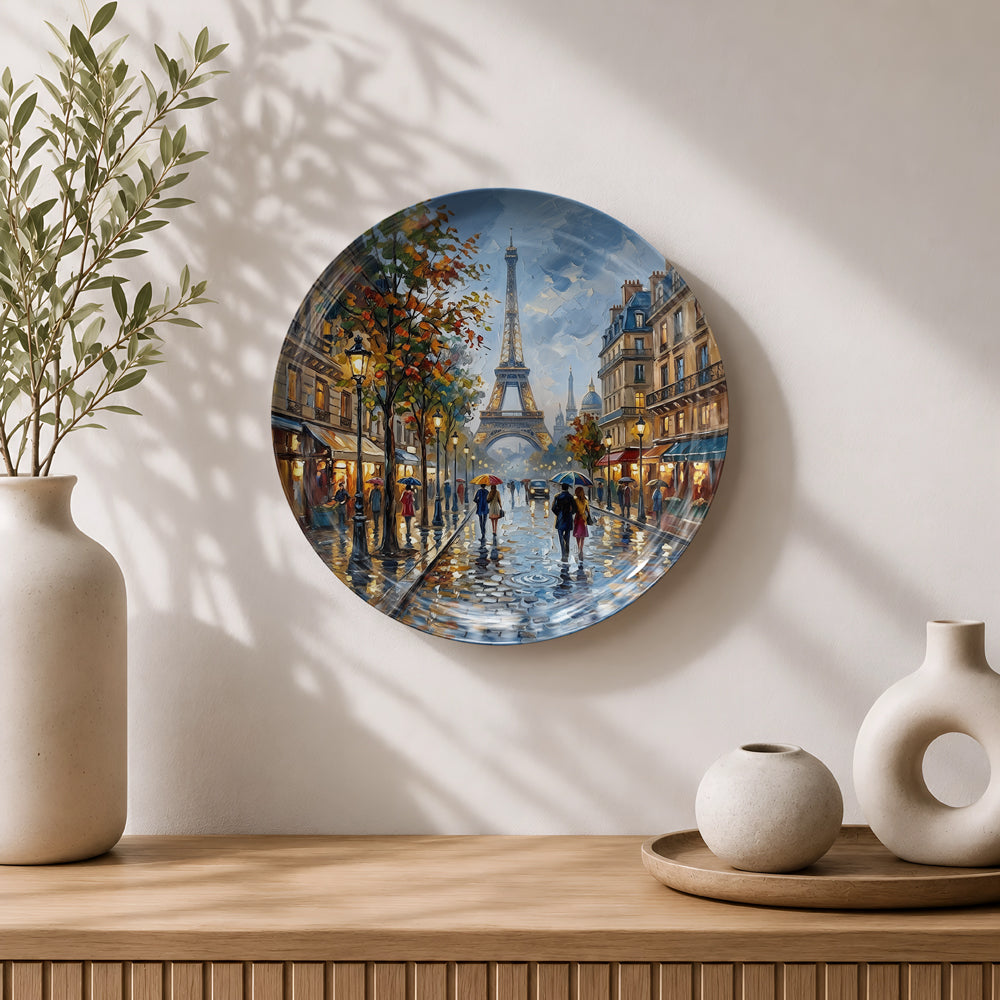 Premium ceramic wall plate showcasing the Eiffel Tower with romantic Paris streets and cafés.
