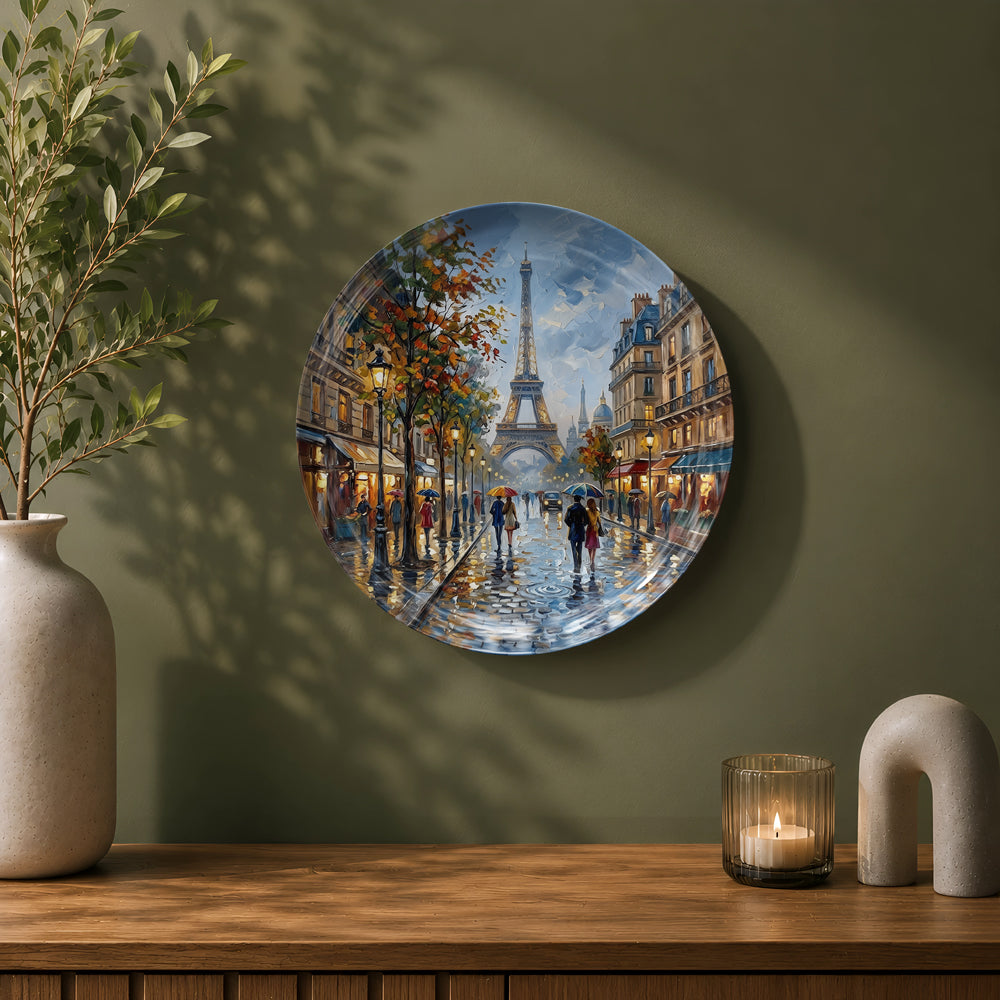 Paris-inspired ceramic wall plate featuring the Eiffel Tower and rain-soaked cobblestone streets.