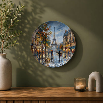 Paris-inspired ceramic wall plate featuring the Eiffel Tower and rain-soaked cobblestone streets.