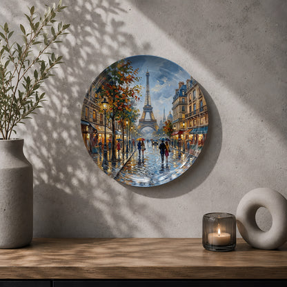 Decorative ceramic wall plate with artwork of the Eiffel Tower, cafés, and autumn trees in Paris.